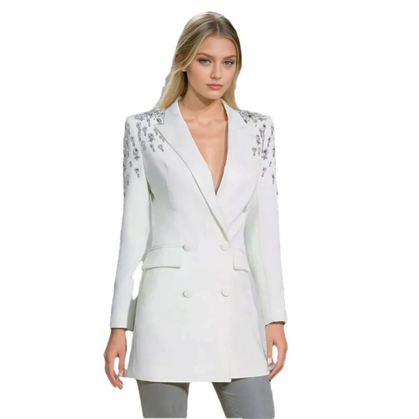 Women Autumn Double Breasted Rhinestone Full Sleeve Black Blazer Coat Long Suit Jacket