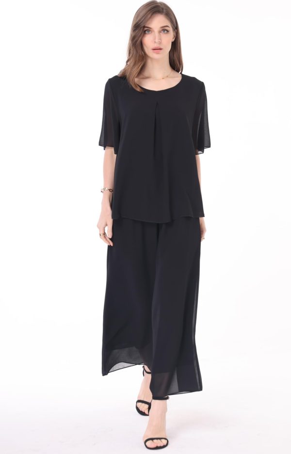 Women's 2 Piece Chiffon Sets Outfits Flowy Summer Casual Dressy Pantsuits Double Layers Blouse Capris Pants Suits