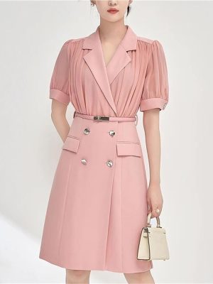 Women's Chiffon Patchwork Suit Dress Short Sleeve Notched Collar Summer Office Lady Fashion Midi Dresses