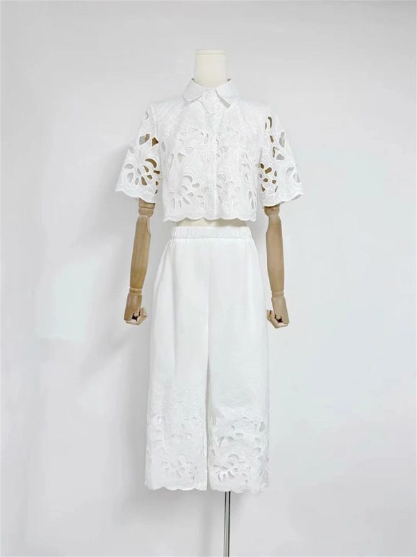 Women's Casual Top Set - Lapel Short Sleeve & Wide Leg Pants