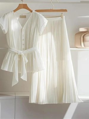 Womens 2 Piece Chiffon Outfits Short Sleeve Blouse and Pleated A Line Long Skirt Set with Belt for Work Office