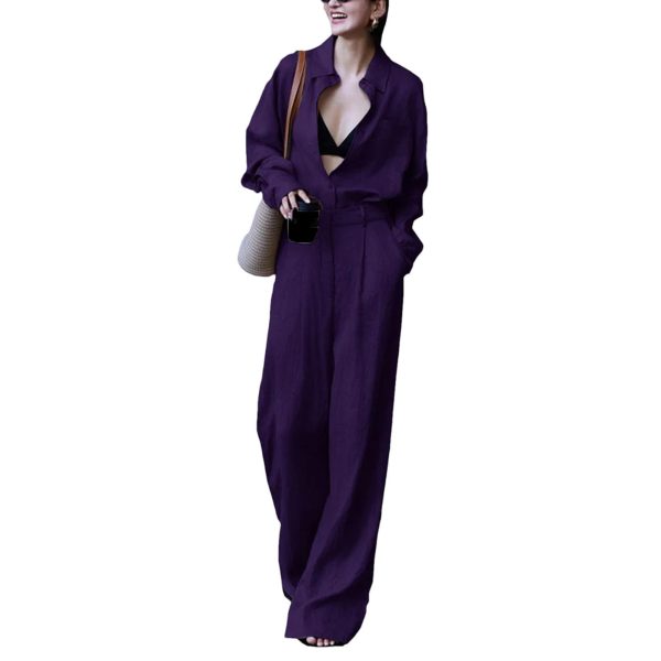 Women's Linen Business Set - Brown Shirt & Wide Leg Pants Elegant Professional Attire