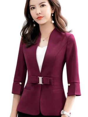 Women Summer Half Sleeve Slim Jacket Temperament Business Stand Collar Blazer OL Coat
