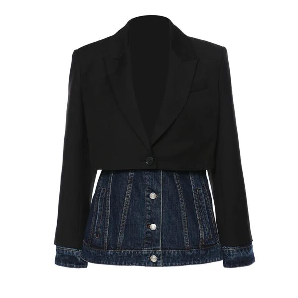 Women Blazer Denim Patchwork Fake Two Blazers And Jackets Color Matching Asymmetry Suit Coats