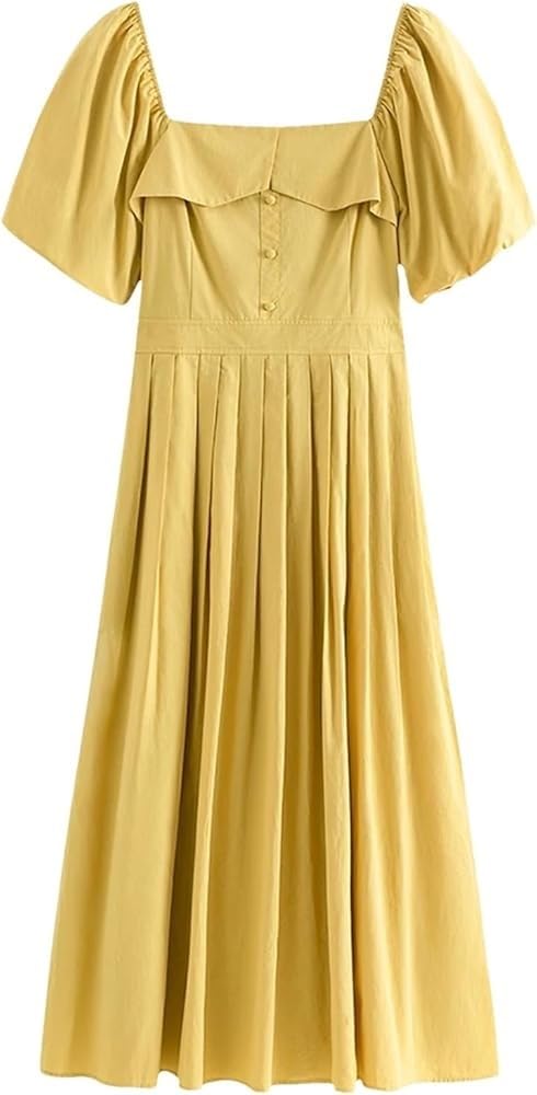 Romantic Floral Midi Dress for Women Summer Square Neck Chiffon Tulle Short Sleeve Ruffled Party Guest Dress