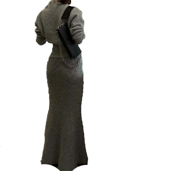 Women's Knit Maxi Set - Bat Wing Sleeve V-Neck Sweater & A-Line Contour Skirt in Heather Gray