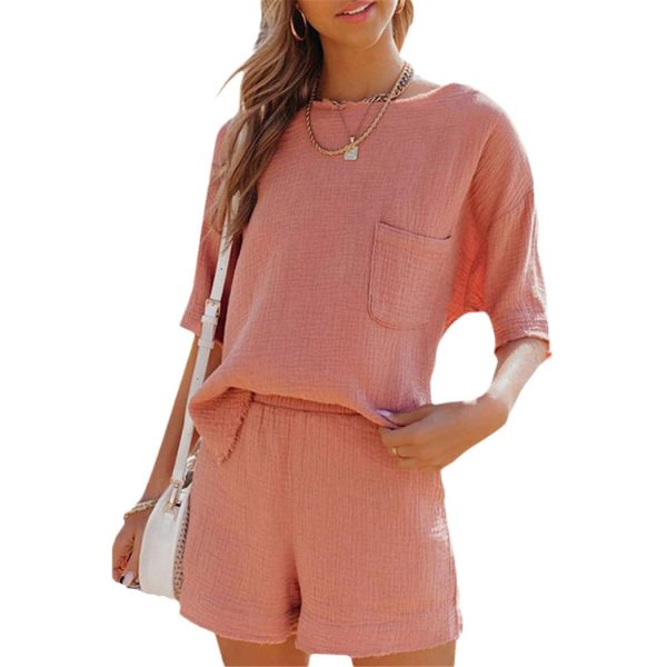 Summer Cotton Linen Pocket Sets, Short Sleeve T Shirt And Shorts 2 Piece Set, Women Beach Solid Outfits Tracksuit