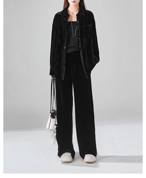 Women's Silky Velvet Suit - Contrast Trim Shirt & Wide-Loose Pants Elegant Style