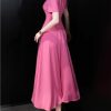 Women’S Skirt Summer Diamonds Round Neck A Line Short Sleeve Solid Dresses Fashion Evening Party Long Dress