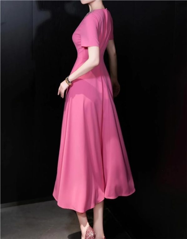 Women’S Skirt Summer Diamonds Round Neck A Line Short Sleeve Solid Dresses Fashion Evening Party Long Dress