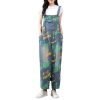 Women Printed Denim Overalls Sleeveless Wide Leg Denim Jumpsuits Loose Vintage Jumpsuits