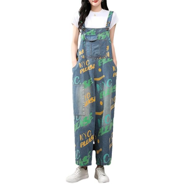 Women Printed Denim Overalls Sleeveless Wide Leg Denim Jumpsuits Loose Vintage Jumpsuits