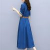 Women’S Office Fashion Denim Dress Summer Slim Fit Round Neck Short Sleeve A Line Belted Dress for Vacation