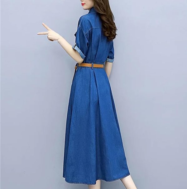 Women’S Office Fashion Denim Dress Summer Slim Fit Round Neck Short Sleeve A Line Belted Dress for Vacation