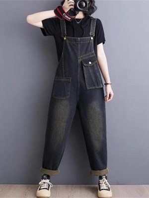 Women Pockets Ladies Long Jumpsuits Sleeveless Rompers Woman Blue Straight Jeans Jumpsuit