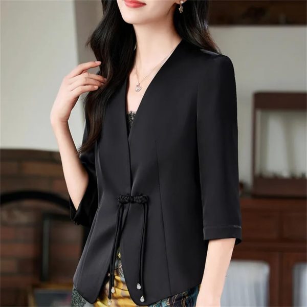 Women Satin Silk Suit Coat Half Sleeve Solid Single Button Blazer Elegant Office Outerweara Jacket