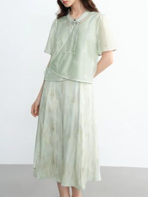 Women's Chinese Style 2 Piece Outfit Stand Collar Sleeveless Top and Skirt Set Summer Oriental Fashion Suit