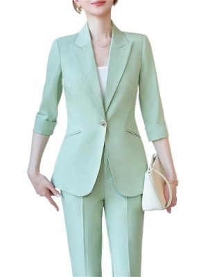 Women Half Sleeve Elegant Business Suits Spring Summer Formal Uniform Designs Pantsuits Professional Blazers Trousers Sets