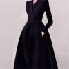 Women's Notched Suit Midi Dress - Office Lady Slim Black Long Sleeve