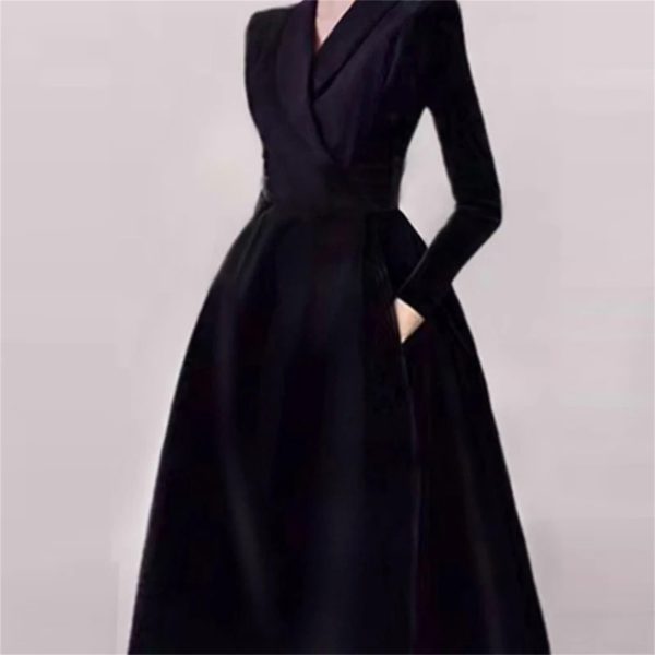 Women's Notched Suit Midi Dress - Office Lady Slim Black Long Sleeve
