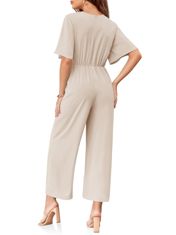 Womens Wide Leg Jumpsuits Short Sleeve Tie Knot Front Summer Long Romper