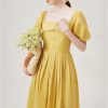 Romantic Floral Midi Dress for Women Summer Square Neck Chiffon Tulle Short Sleeve Ruffled Party Guest Dress