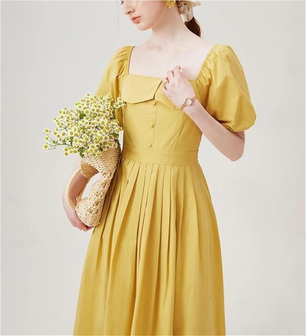 Romantic Floral Midi Dress for Women Summer Square Neck Chiffon Tulle Short Sleeve Ruffled Party Guest Dress