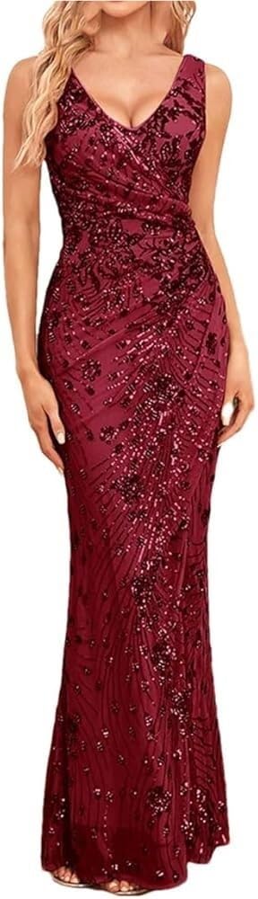 Sequin Evening Dress for Women V Neck Long Slit Formal Gown Wedding Guest Prom Floor Length Party Dress