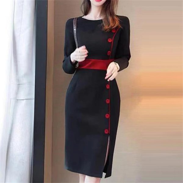 Women Contrast Color Elegant Temperament Party Dresses Office High Waist Long Sleeve Slim Midi Dress