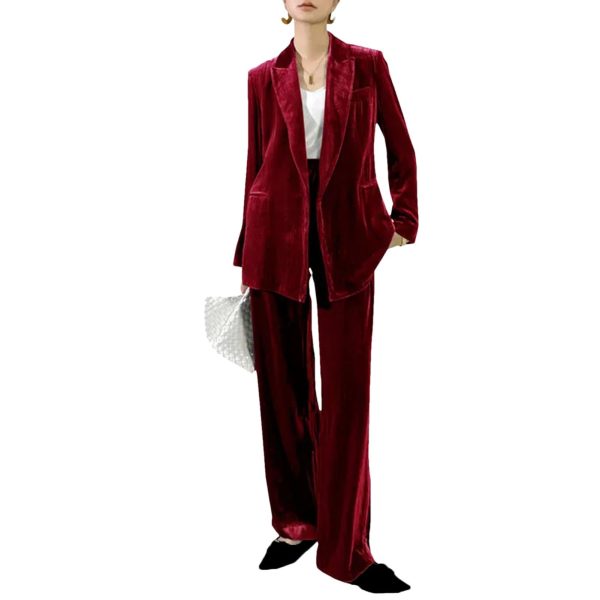 Women's Khaki Velvet Suit - Long Sleeve Shirt & Wide Leg Pants Minimalist Business Attire