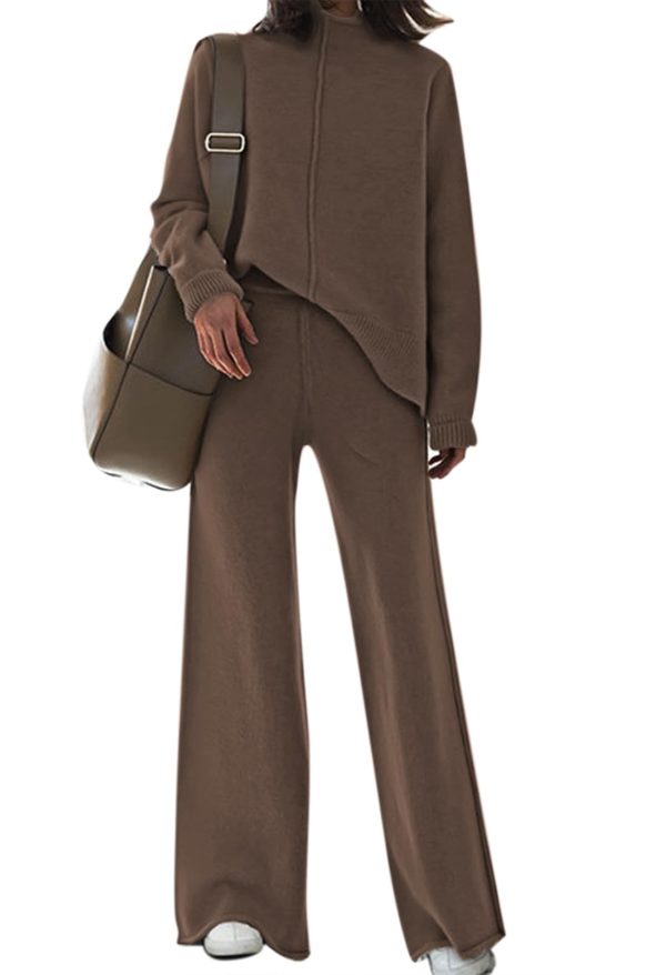 Women's 2 Piece Outfits Sweater Set Wide Leg Pants High Neck Sweatsuit Loungewear