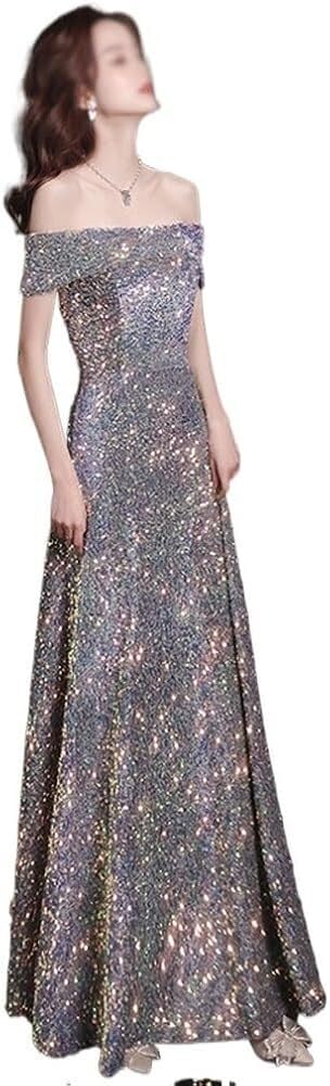 Shiny Sequin Off Shoulder Evening Dress for Women Classic Luxury Banquet Party Gown