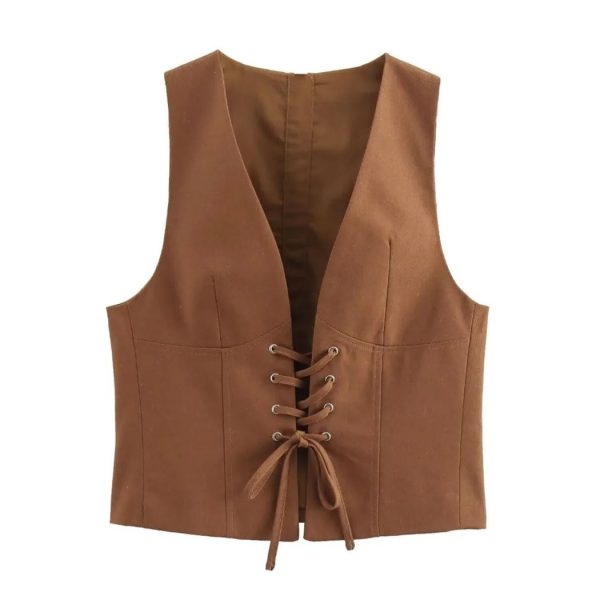 Women's 2 Piece Set Lace-Up Slim Vest V-Neck Cropped Top High Waist Side Zipper A-Line Skirt for Spring Summer