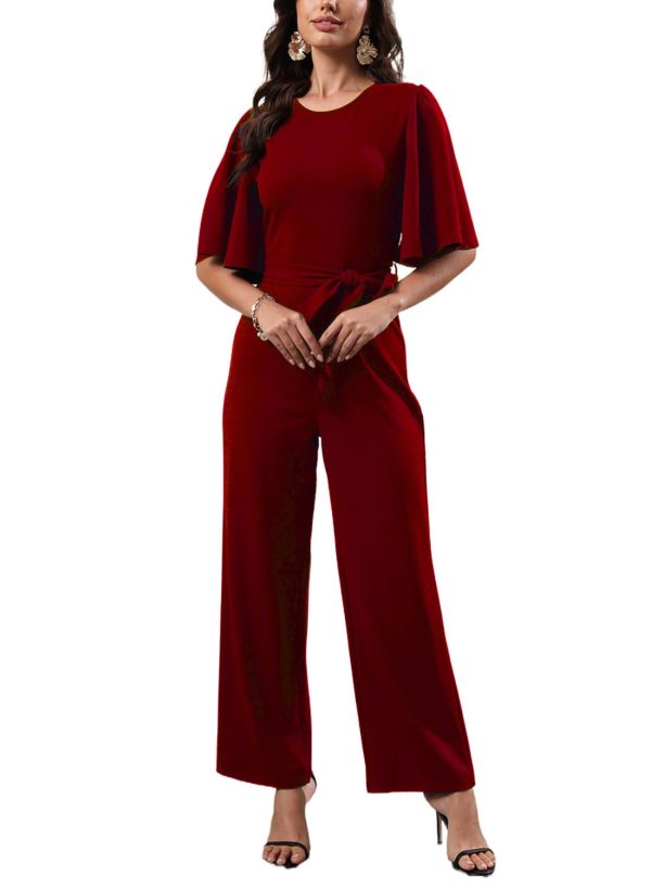 Women Casual Loose Short Sleeve Belted Wide Leg Pant Romper Jumpsuits
