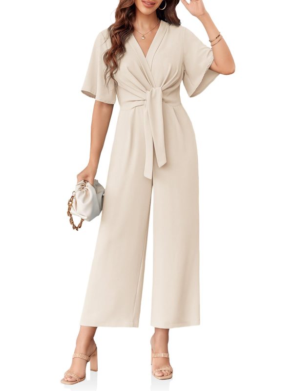 Womens Wide Leg Jumpsuits Short Sleeve Tie Knot Front Summer Long Romper