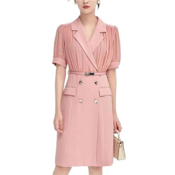 Women's Chiffon Patchwork Suit Dress Short Sleeve Notched Collar Summer Office Lady Fashion Midi Dresses