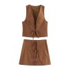 Women's 2 Piece Set Lace-Up Slim Vest V-Neck Cropped Top High Waist Side Zipper A-Line Skirt for Spring Summer