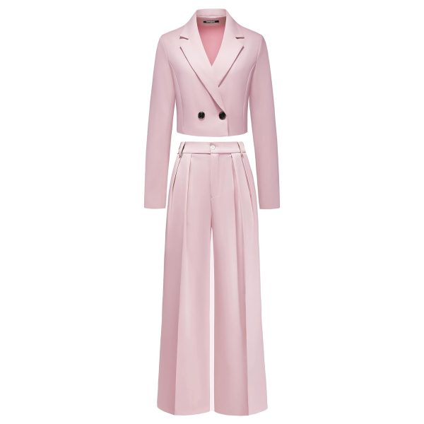 Women's Suit 2 Piece Casual Outfits Cropped Blazer High Waisted Wide Leg Pants for Work