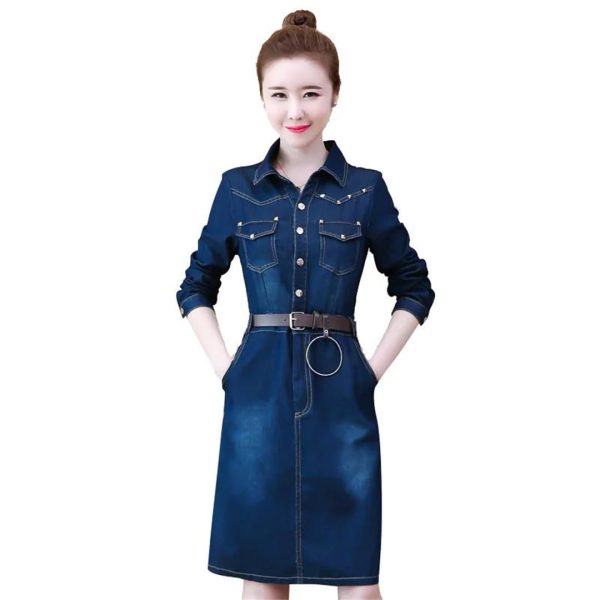 Women Jeans Dress Long Sleeve Single Breasted Shirt Dress Office Denim Dress