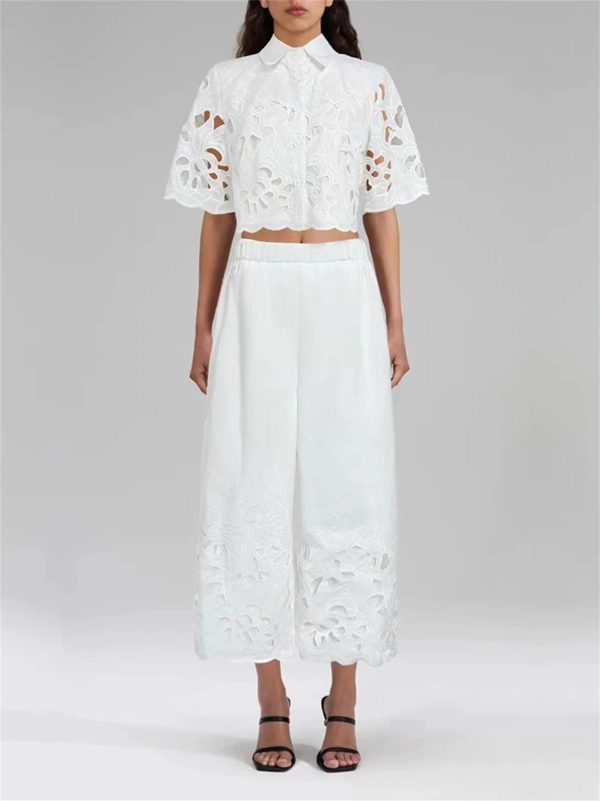 Women's Casual Top Set - Lapel Short Sleeve & Wide Leg Pants