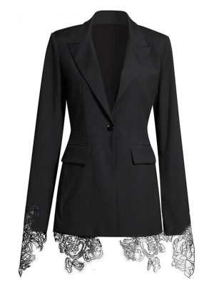 51X5OoMmgpL.jpg Women Embroidery Lace Notched Collar Long Sleeve Tunic Slimming Blazers