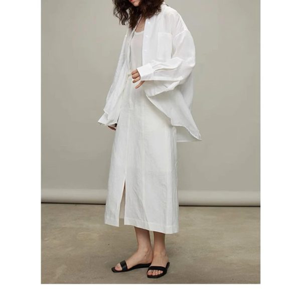 Women's Street Style Set - White Linen Shirt & Skirt Minimalist City Wear