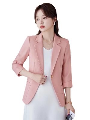 Women Spring Summer Pink Business Coat All Match Jascket Korea Work Office Suit White Black Blazers