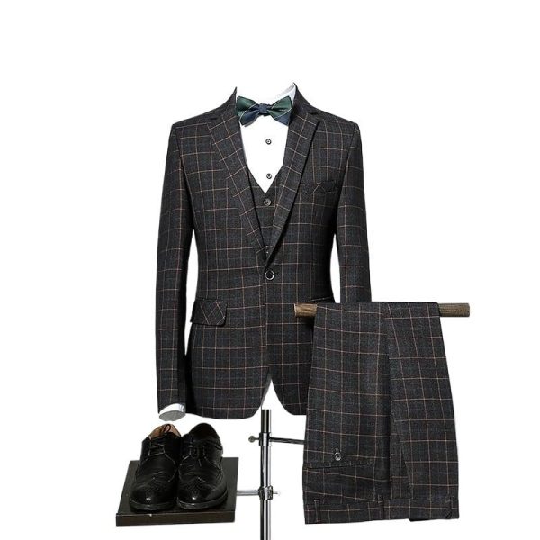 Mens Business Suit Three Piece Plaid Outfit Classic Formal Wear Versatile Set Slim Fit Office Tuxedo Apparel