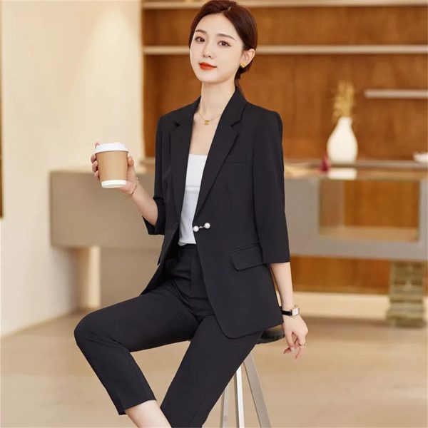 Women Summer Temperament Style Professional Slim Blazer and Pants Two Piece Sets Office Work Wear Yellow Suits