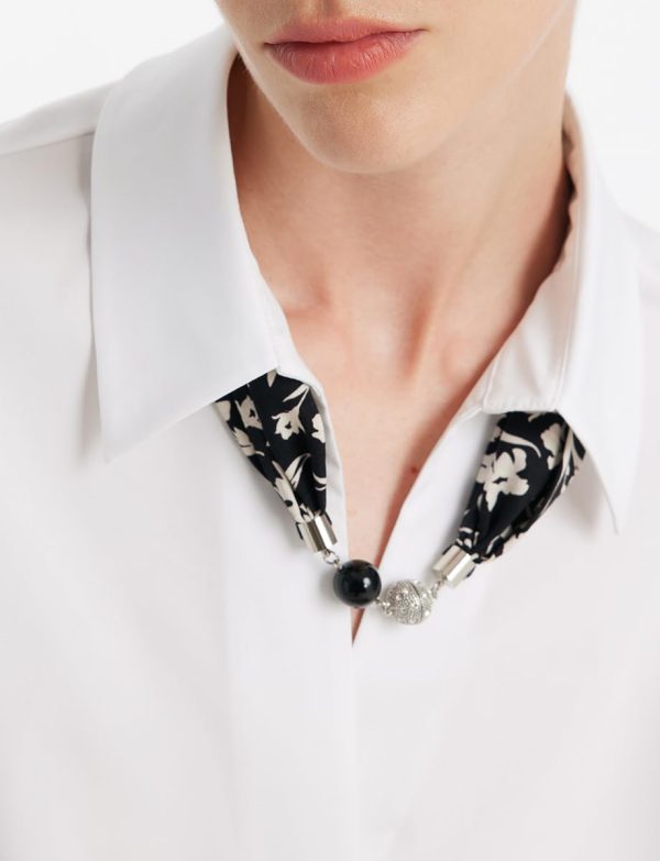 Business Casual Tops for Women Elegant V Neck White Dress Shirts Puff Sleeve Blouse for Work with Attached Silk Scarf