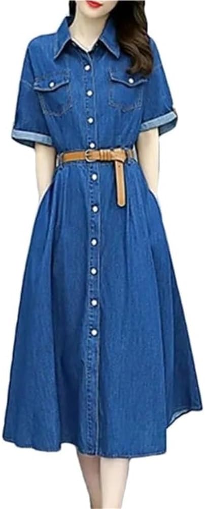 Women’S Office Fashion Denim Dress Summer Slim Fit Round Neck Short Sleeve A Line Belted Dress for Vacation