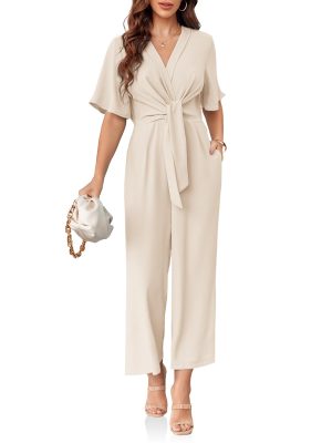 Womens Wide Leg Jumpsuits Short Sleeve Tie Knot Front Summer Long Romper