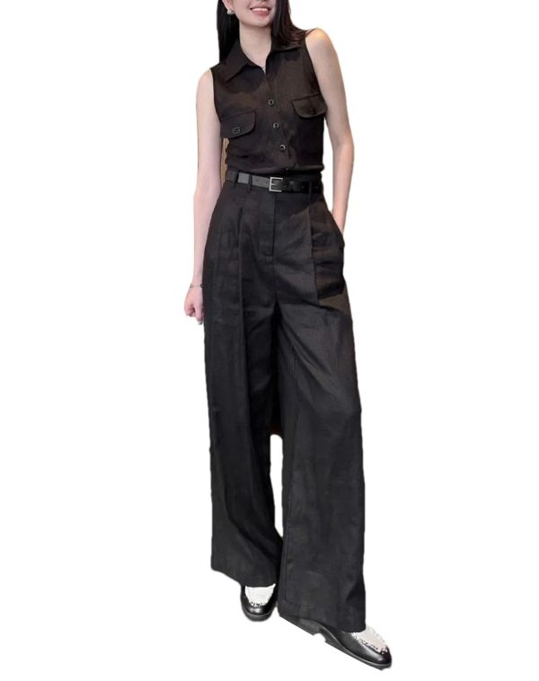 Women's Linen Vest Set - High Waist Wide Leg Pants