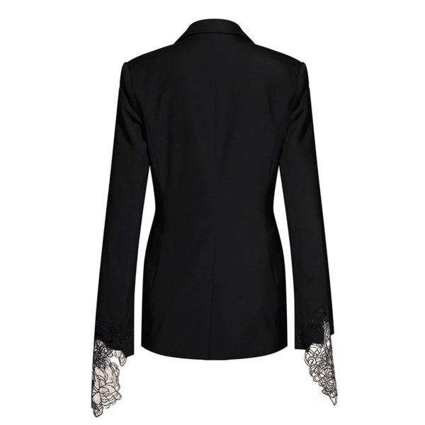 Women Embroidery Lace Notched Collar Long Sleeve Tunic Slimming Blazers